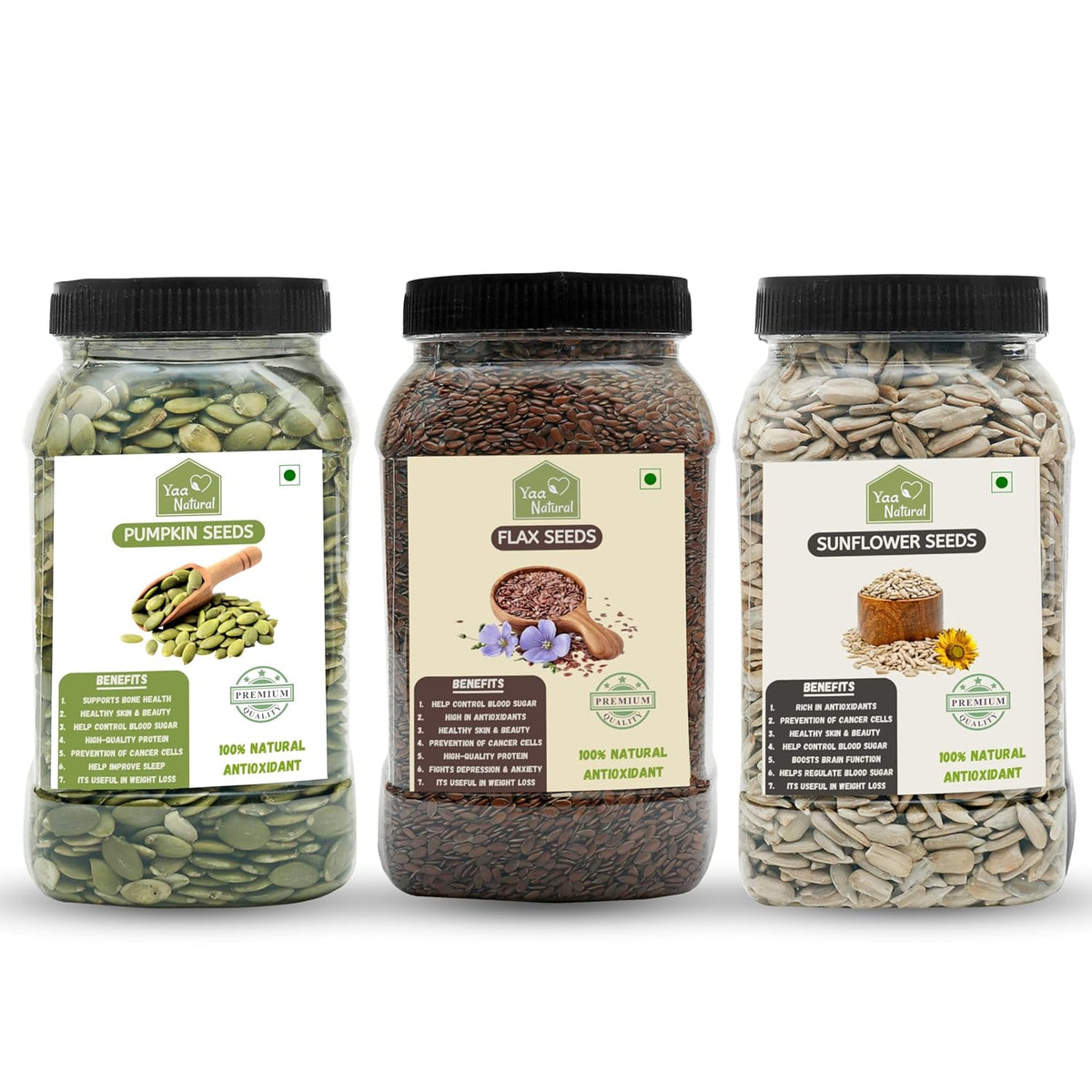 Yaa Natural Raw Pumpkin & Sunflower & FlaxSeeds - AAA Grade Seeds for Eating Source of Antioxidants Zinc & Iron & Dietary Fibre | Rich in Protein (