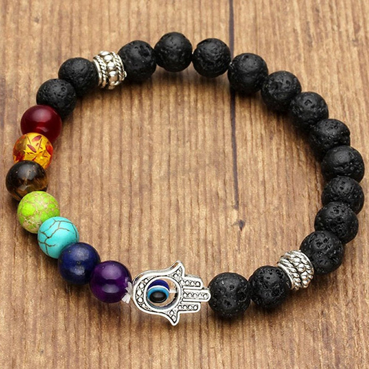 Shining Diva Fashion Natural Lava Stones Seven Chakra Evil Eye Charm Bracelet for Men (9373b)