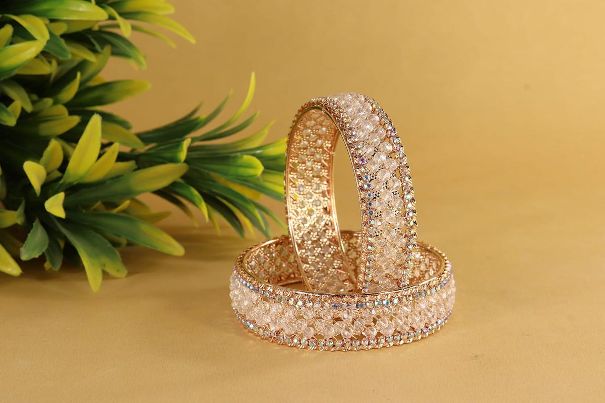 NMII Traditional Metal with White Moti Pearls & Zircon Diamond Kada Bangles Set Women & Girls | Designer Women's Kangan Chudi | Girl's Bangles Bracelet | Wedding, Party, Occasion, Everyday- Set of 2
