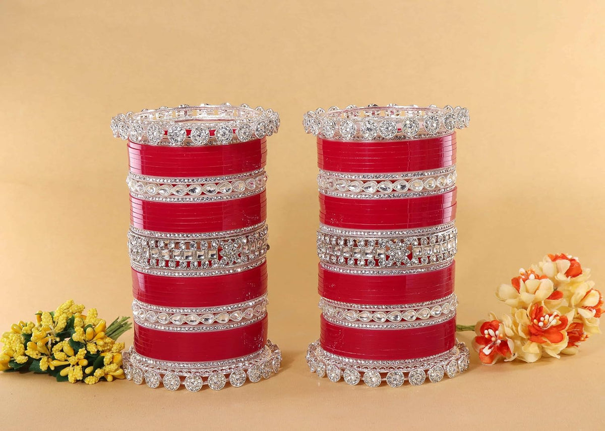 NMII Premium Metal Bangles Silver Chuda Set For Bridal Women & Girls with Zircon Diamond & Kundan Beads | Designer AD Chuda | Bridal Bangles Chooda Set For Wedding, Party, Occasion-Set of 74