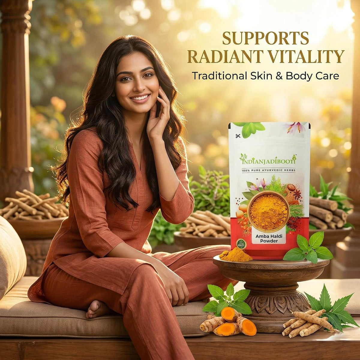 IndianJadiBooti Elite Radiance & Defense Bundle: Amba Haldi, White Sesame, Safed Musli & Neem – For Clear Skin, Hormonal Support & Systemic Immunity – 250gm Each