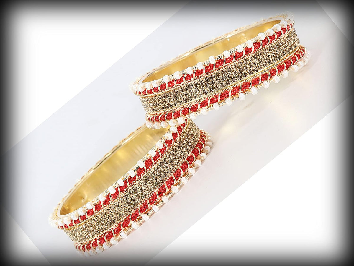 NMII Non-Precious Metal Base Metal Studded with Zircon Gemstone and linked with Pearl Chain Glossy Finished Kada/Bangle set for Women and Girls