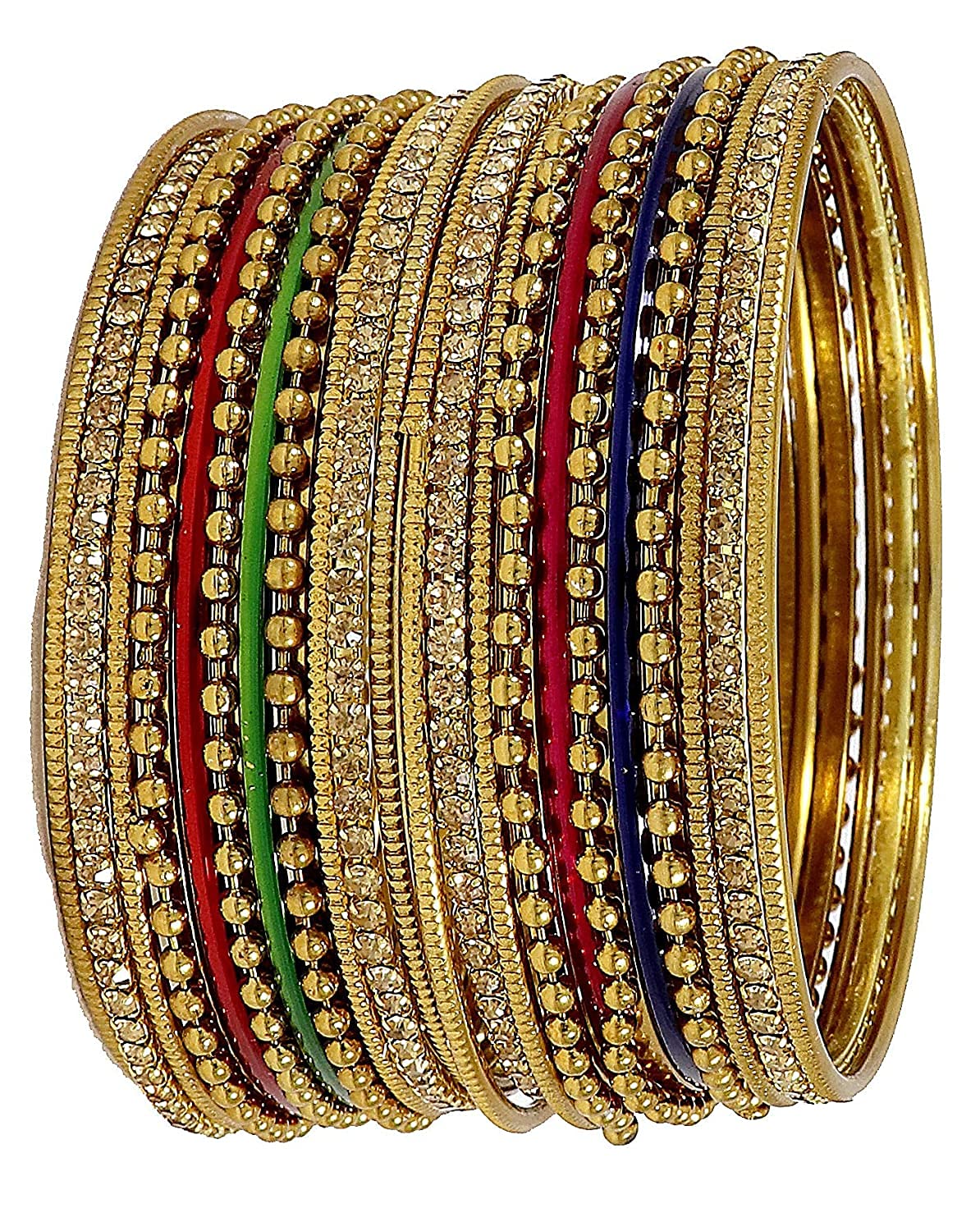 NMII Non-Precious Metal with Base Metal Zircon Gemstone Studded Glossy Finished Ballchain Linked Gold Plated Cutting Pattern Bangle set for Women and Girls
