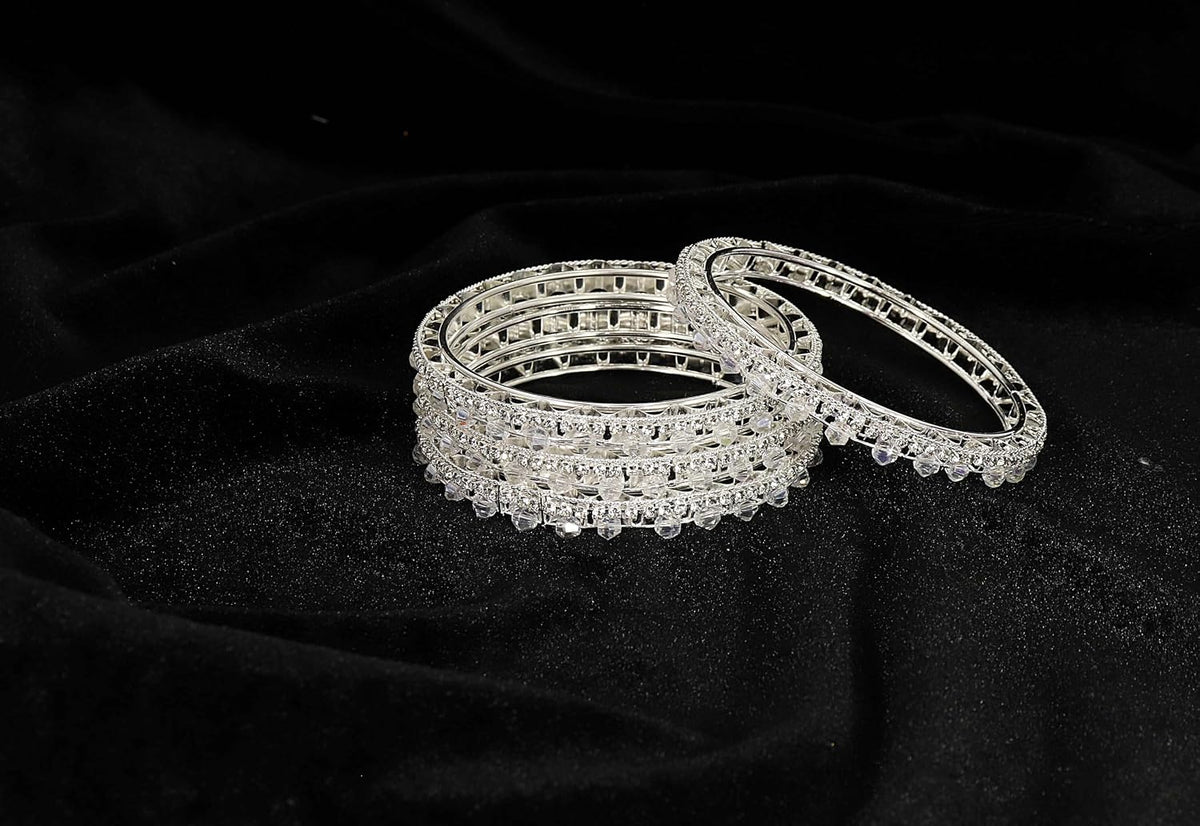 NMII Stylish Metal with Zircon Stone Work & Pearls Bangles Set For Women & Girls | Fancy Metal Bangles Set | Diamond Bangles | Traditional Women's Bangles For Wedding, Party, Occasion- Set of 4