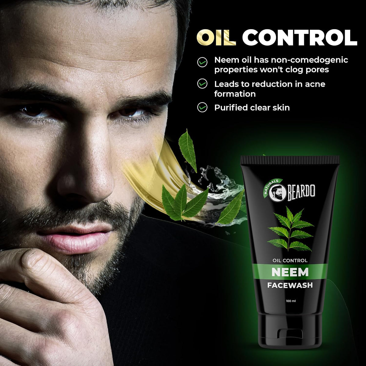 Beardo Purifying Neem Face Wash for Oil Control, 100ml (Pack of 2) | Soothes & Heals | Daily facewash for men | Gentle cleansing for oily-acne-prone skin