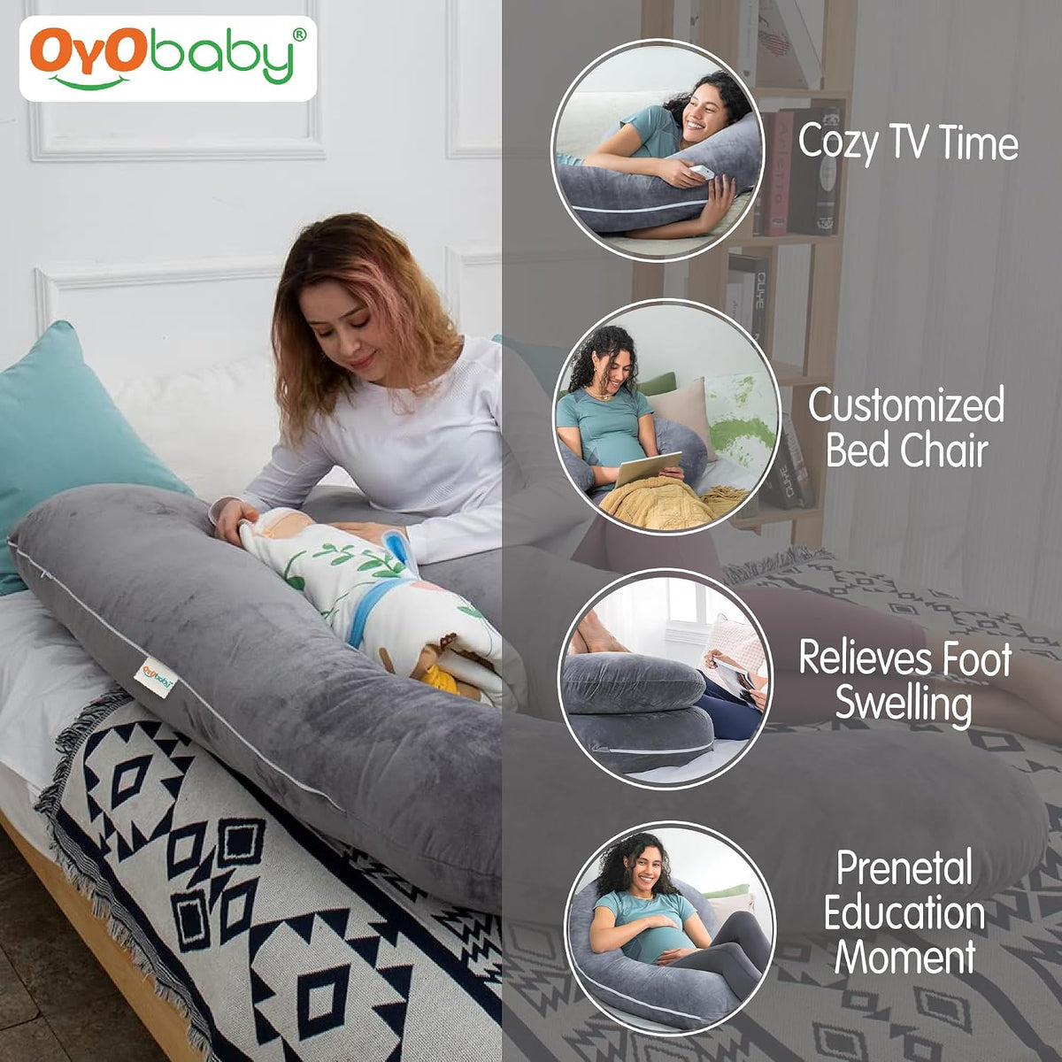 OYO BABY Pregnancy Pillows for Sleeping J-Shape Full Body Pillow and Maternity Support - for Back, Hips, Legs, Belly for Pregnant Women with Removable Washable Velvet Cover (Grey)