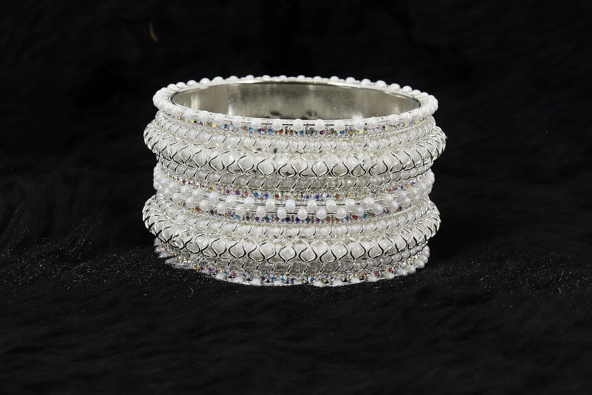 NMII Alloy Metal Bangles Kada Set For Girls and Women Studded Pearls and Zircon Stone | Metal Bangles | Pearls Bangle | Women's Bangles | (Pack of 2)