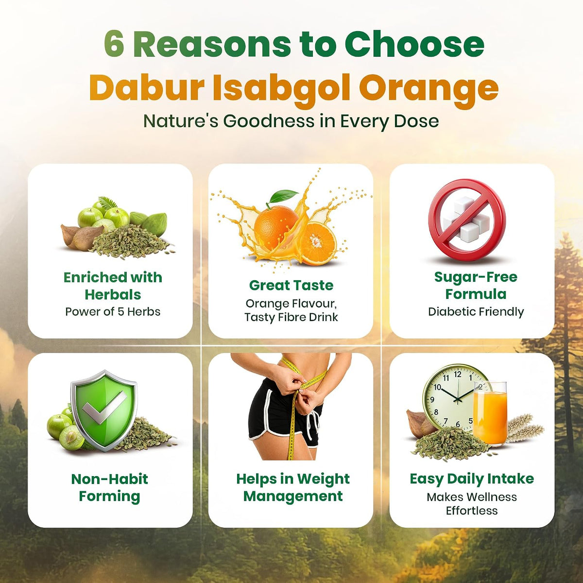 Dabur Orange Flavoured Isabgol with the Power of 5 Herbal Boosters — including Triphala, Saunf & Psyllium Husk — for Daily Bowel Regularity.