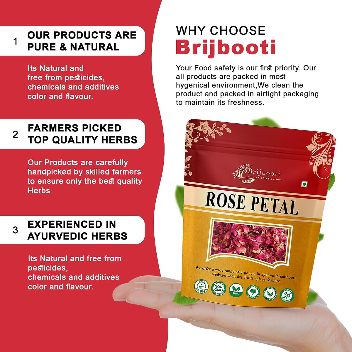 Brijbooti Rose petals dried 100 Gram | Rose petals dried edible | Gulab Patti for Face, Body, Bath, Hair, Cooking, Eating & Herbal Tea | Rose Flower