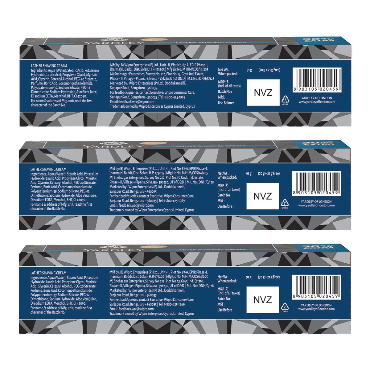 Yardley London Elegance Super Smooth Lather Shaving Cream With Silicone|Daily Beard Shaving Cream For Men|Pack Of 3 (91Gm Each)