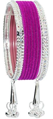 NMII Metal with Zircon Gemstone and Velvet Studded Bells Latkan Bangles Set For Girls and Women I Latkan Bangles, Premium Bangle Bracelet Set I Pack of 16 Bangles