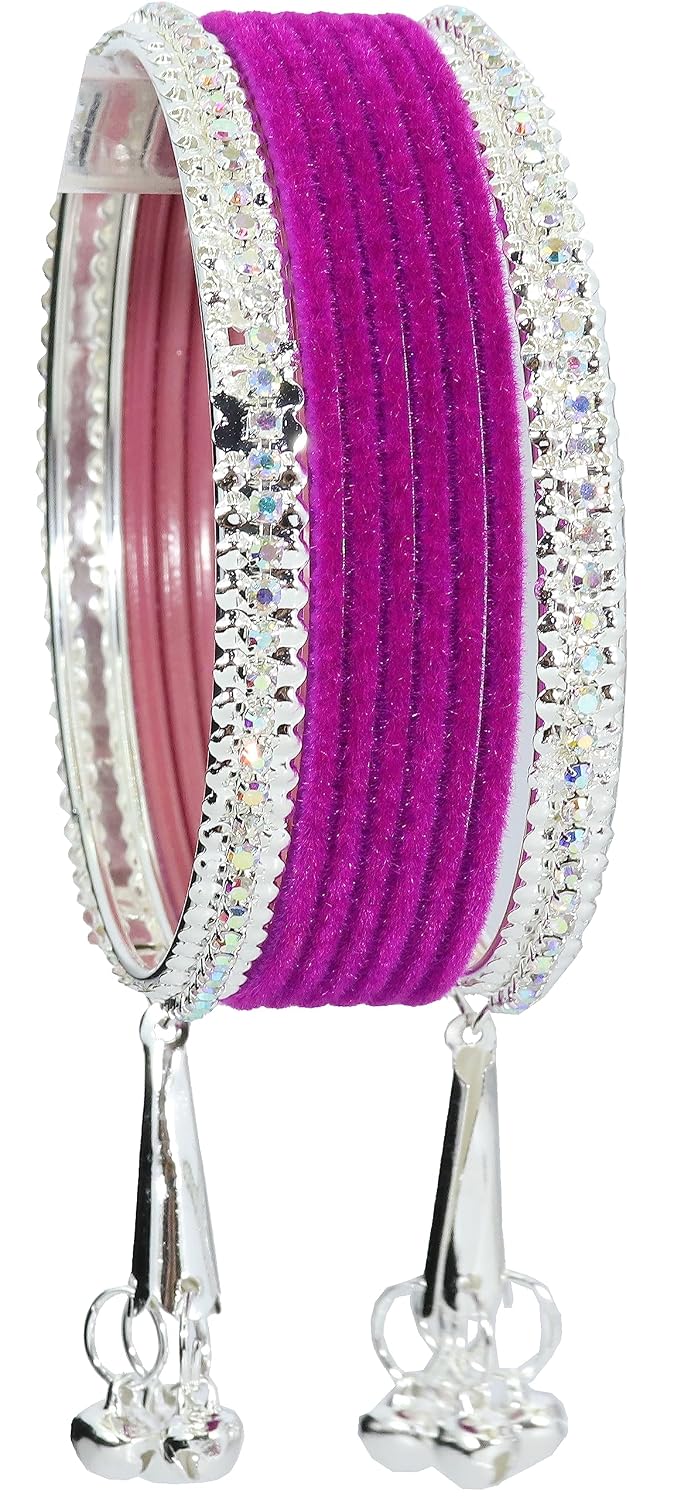 NMII Metal with Zircon Gemstone and Velvet Studded Bells Latkan Bangles Set For Girls and Women I Latkan Bangles, Premium Bangle Bracelet Set I Pack of 16 Bangles