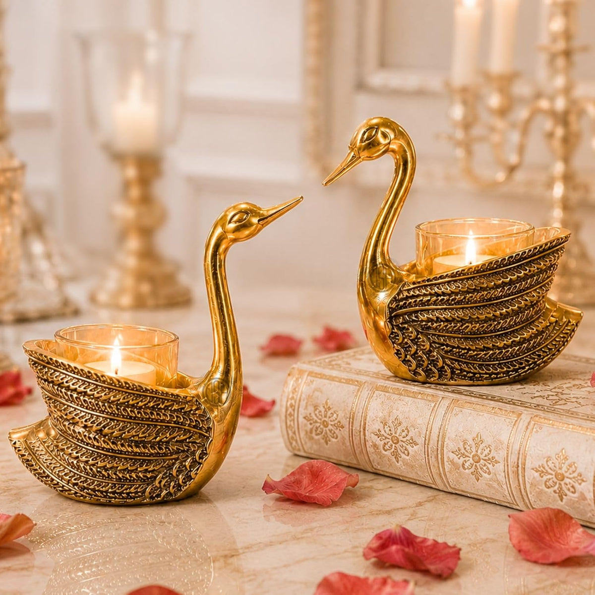 DSH Metal Swan Pair Candle Holder with Votives Aluminum Swan Showpiece for Living Room Elegant Tabletop Decoration Item for Diwali, Housewarming, Bedroom, Office & Dining Table Gifts
