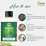 Holy Natural Lemongrass Oil for Hair Fall, Moisturising Skin, Face | Therapeutic Grade, Steam Distilled, Home Diffuser | 300ml