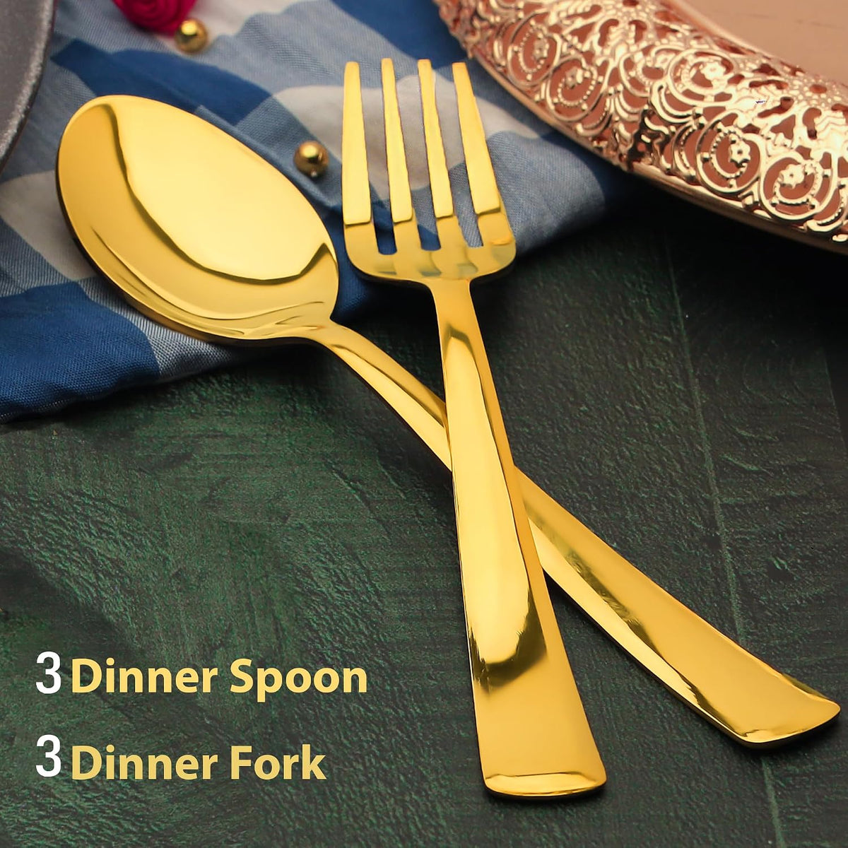 Parage 6 Pieces Stainless Steel Golden Spoon & Fork Set, 16 cm Each, Premium Cutlery Set for Home & Kitchen, PVD Gold Flatware, Elegant Dining (3 Dinner Spoons & 3 Dinner Forks)