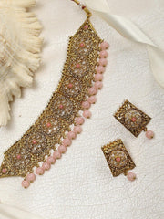 Priyaasi Gold-Plated, Stones Studded Floral Patterned Choker Set with Beads Drop in Pink Color, One Size (NL-PR-10050-PNK)