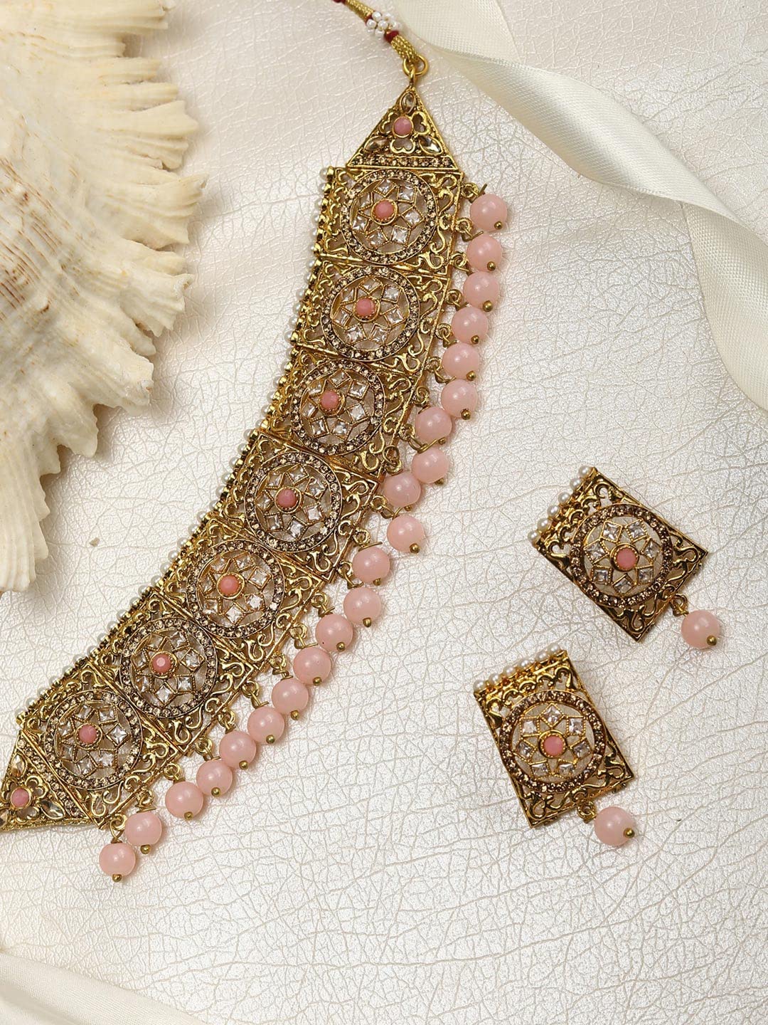 Priyaasi Gold-Plated, Stones Studded Floral Patterned Choker Set with Beads Drop in Pink Color, One Size (NL-PR-10050-PNK)