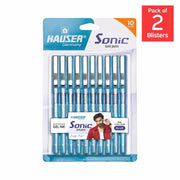 Hauser Sonic X Gel Pen Card Pack | Water Proof Ink For Smooth Flow System | Comfortable Grip With Smudge Free Writing | Sturdy Refillable Pen | Blue Ink, Set Of 10 Pens x 2 Packs