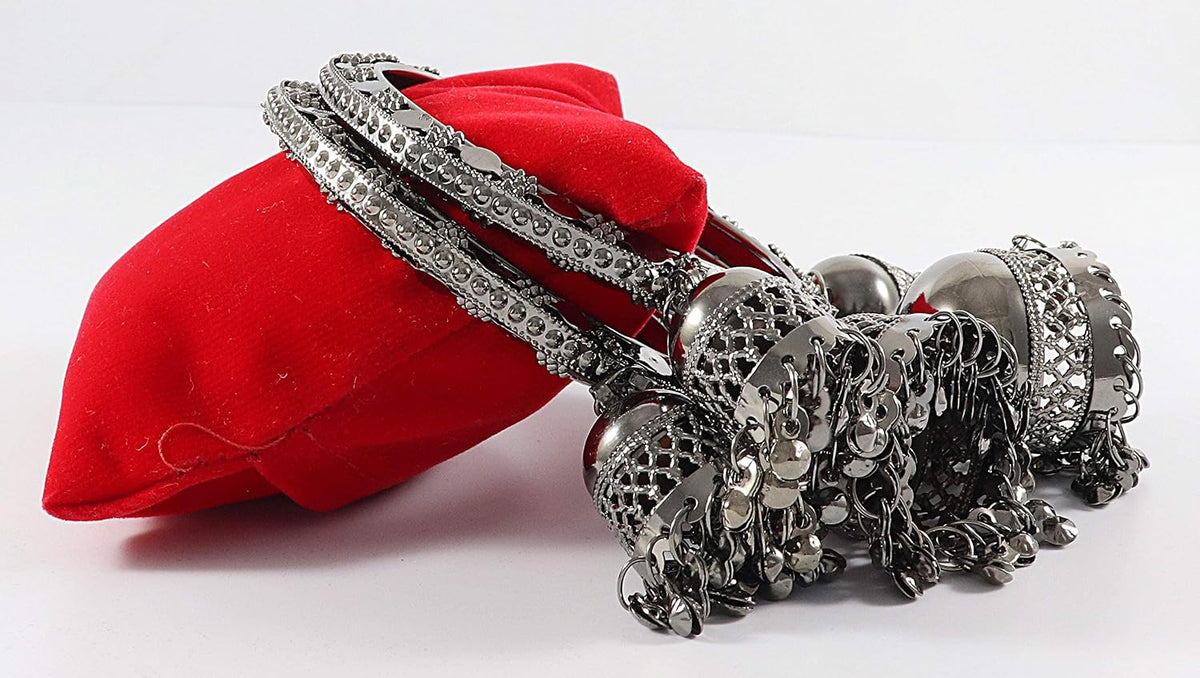 NMII Non-Precious Metal with BallChain and Cone Shaped Latkan Studded Glossy Finished Kada Set For Women and Girls