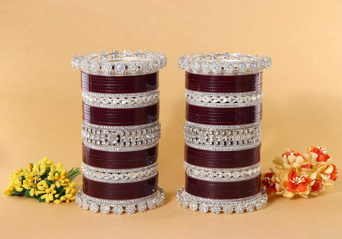 NMII Premium Metal Bangles Silver Chuda Set For Bridal Women & Girls with Zircon Diamond & Kundan Beads | Designer AD Chuda | Bridal Bangles Chooda Set For Wedding, Party, Occasion-Set of 74