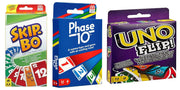 Mattel Uno Flip Side+Phase 10 Card Game, Multi Color+Skip-Bo Card Game-(Set of 3Toys)