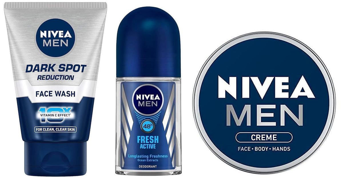 NIVEA Deo Fresh Active Roll On, 50ml & NIVEA Men Face Wash, 50 g & NIVEA Men Crème, Non Greasy Moisturizer, Cream for Face, Body & Hands, 75 ml
