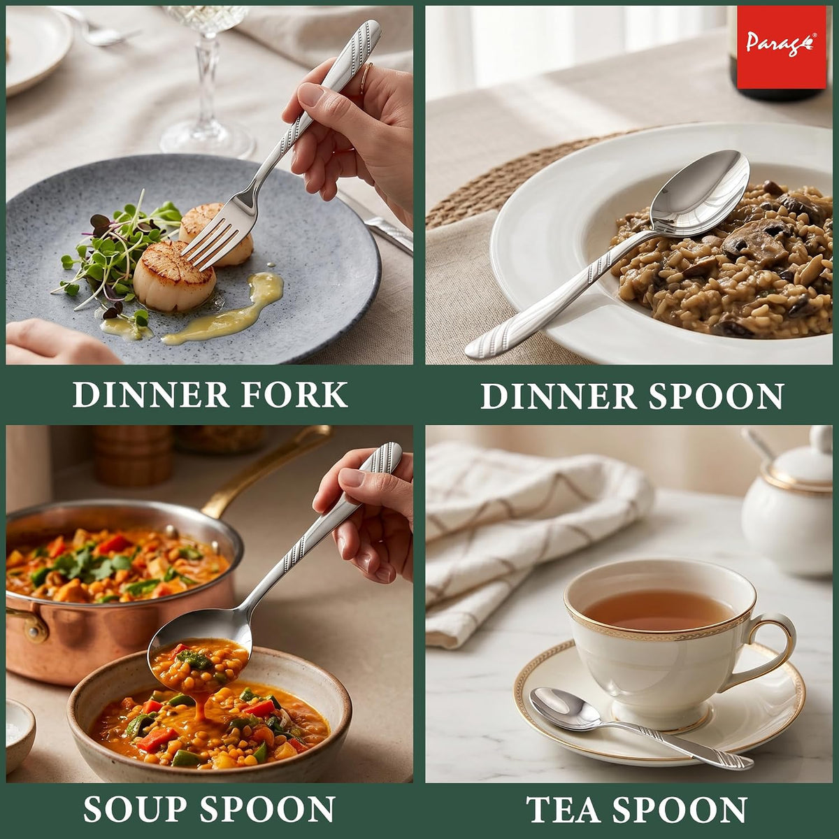 Parage Miracle Stainless Steel Cutlery Set of 25, Contains, Dinner Spoons Set of 6, Tea Spoon Set of 6, 6 Fork, 6 Soup Spoons, 1 Stylish Stand, Elegant Cutlery Set for Dining Table, Mirror Polished