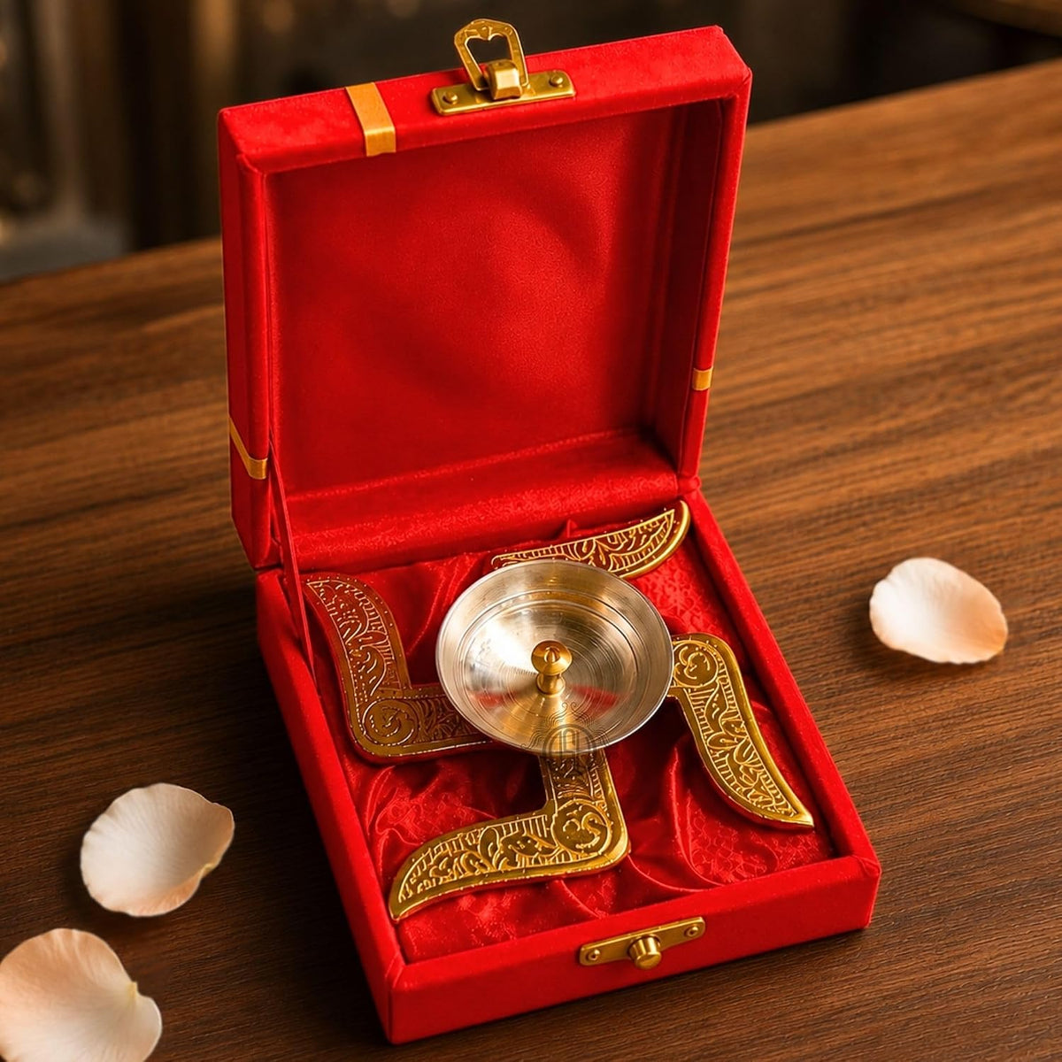 DSH Brass Diya Brass Swastik Diya Oil Diya with Velvet Box for Diwali,Temple,Office Puja and Return Gift.(DYA-SWASTIK)