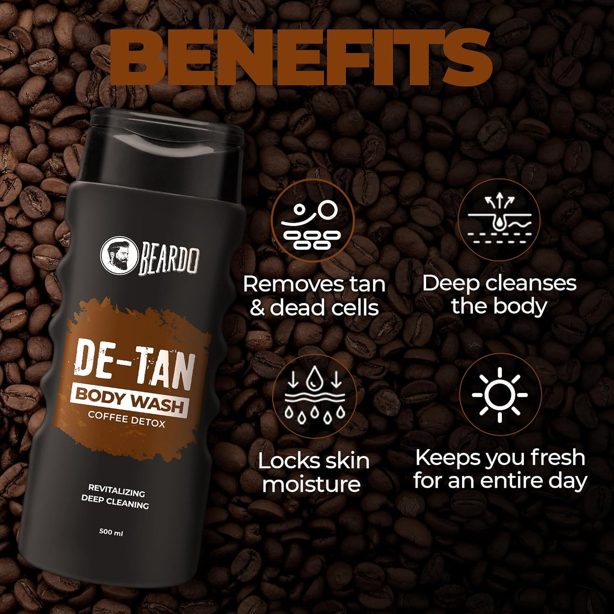 Beardo De-Tan Body Wash for Men, 500ml | Tan Removal and Caffeine Body Wash | Detan With Coffee & Aloe Extracts | For Body & Face | Refreshing Fragrance | Bodywash for Men