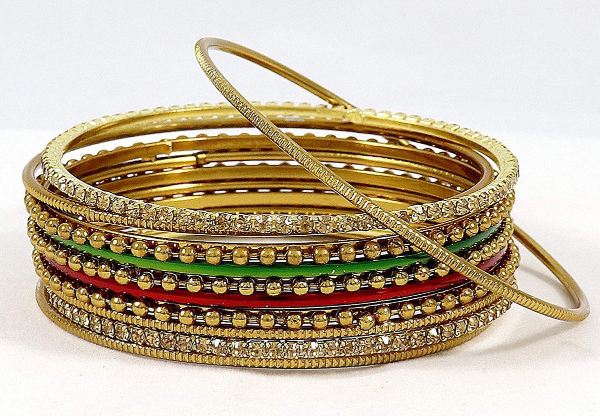 NMII Non-Precious Metal with Base Metal Zircon Gemstone Studded Glossy Finished Ballchain Linked Gold Plated Cutting Pattern Bangle set for Women and Girls