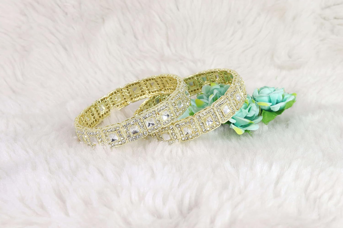 NMII Traditional Golden Metal Bangles Kada Set For Girls & Women Embedded with Zircon Gemstone & Kundan Mirror | Trendy Polki Bangles | Women's Bangles Bracelet Golden- Set of 2 Bangle