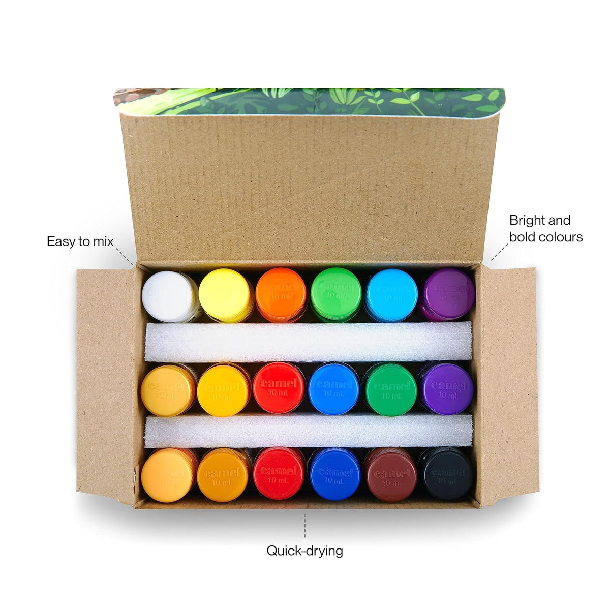 Camel Kokuyo Multicolor Pack Of 18 Shade Bottles 10Ml Each, 1 Palette, 1 Brush