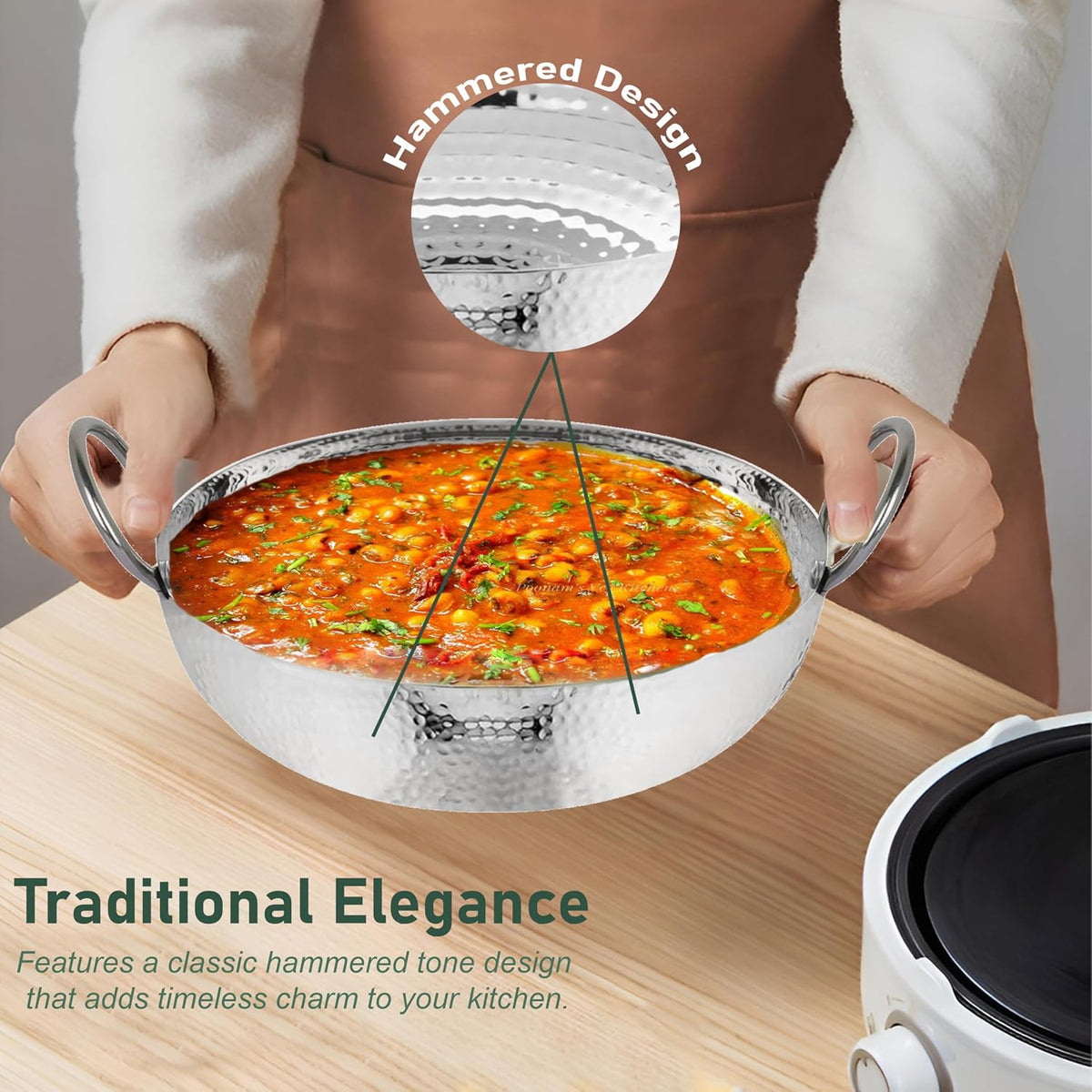 Parage 1 Piece Stainless Steel Hammered Kadhai 1.2 LTR. with Heavy Bottom for Kitchen/Utensils | Cooking, Deep Frying | Gas Stove Friendly Cookware (Silver)