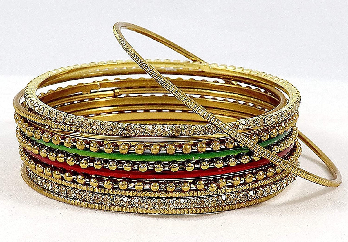 NMII Non-Precious Metal with Base Metal Zircon Gemstone Studded Glossy Finished Ballchain Linked Gold Plated Cutting Pattern Bangle set for Women and Girls
