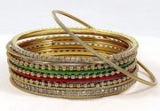 NMII Non-Precious Metal with Base Metal Zircon Gemstone Studded Glossy Finished Ballchain Linked Gold Plated Cutting Pattern Bangle set for Women and Girls