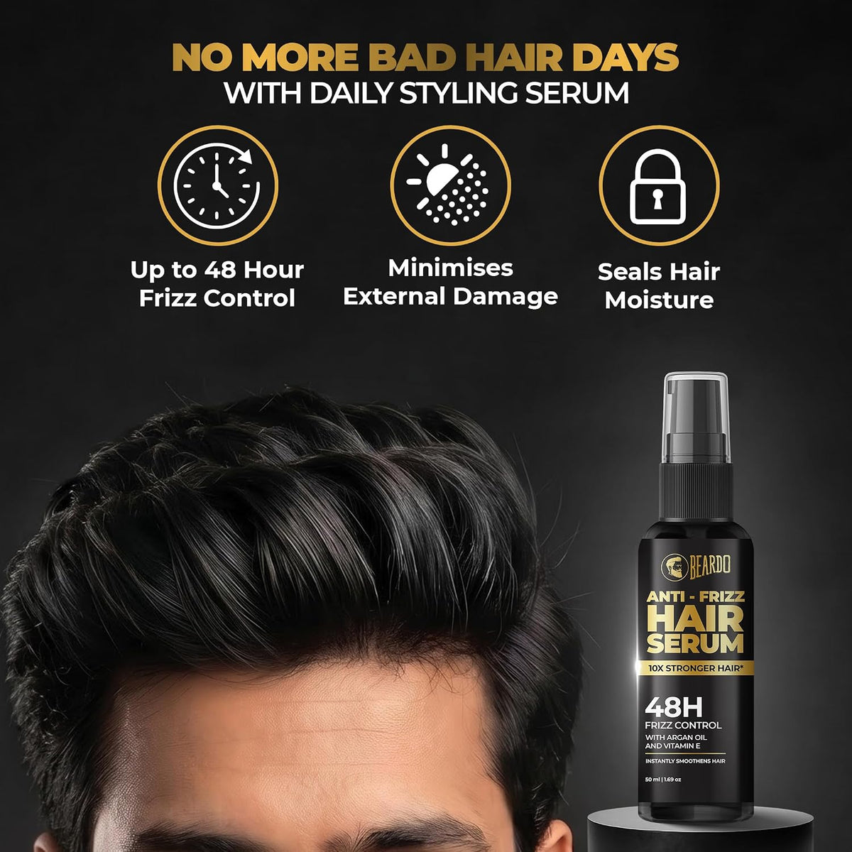 Beardo Anti-Frizz Hair Serum with Argan oil & Vitamin E| 48H Frizz Control & Smooth Hair | Hair Styling Serum for Men| Tames Frizz & Rough Hair | Daily Use Serum For All Hair Types | 50ml