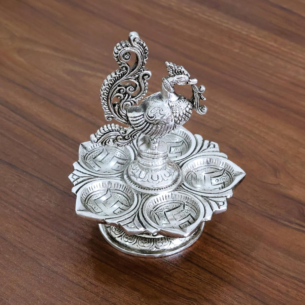 KridayKraft Traditional Silver-Plated Peacock Pooja Thali, 5-Compartment Diya Stand with Ornate Design