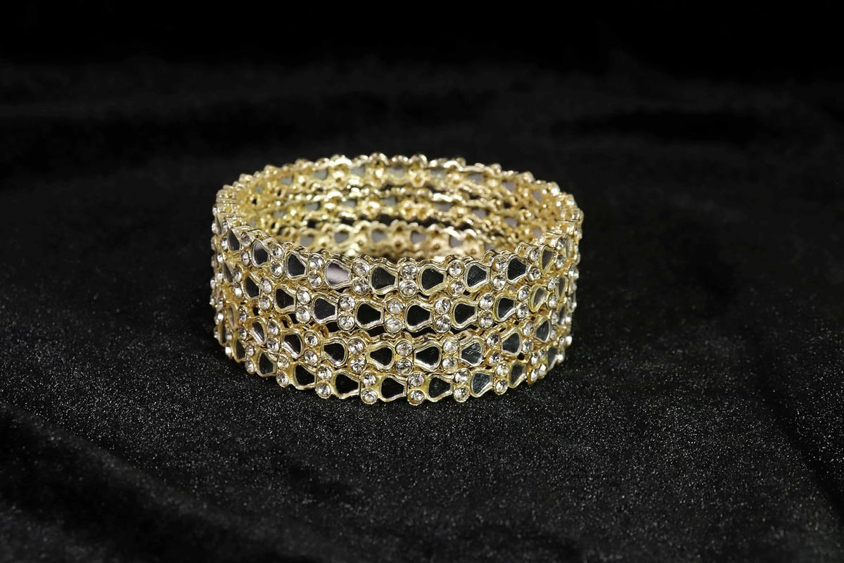 NMII Golden Metal with American Diamond & Mirror Work Bangles Set For Women & Girls | Kundan Mirror Bangles | Gold Plated Bangles | Women's Bangles Bracelet | Diamond Fashion Jewellery-Set of 4