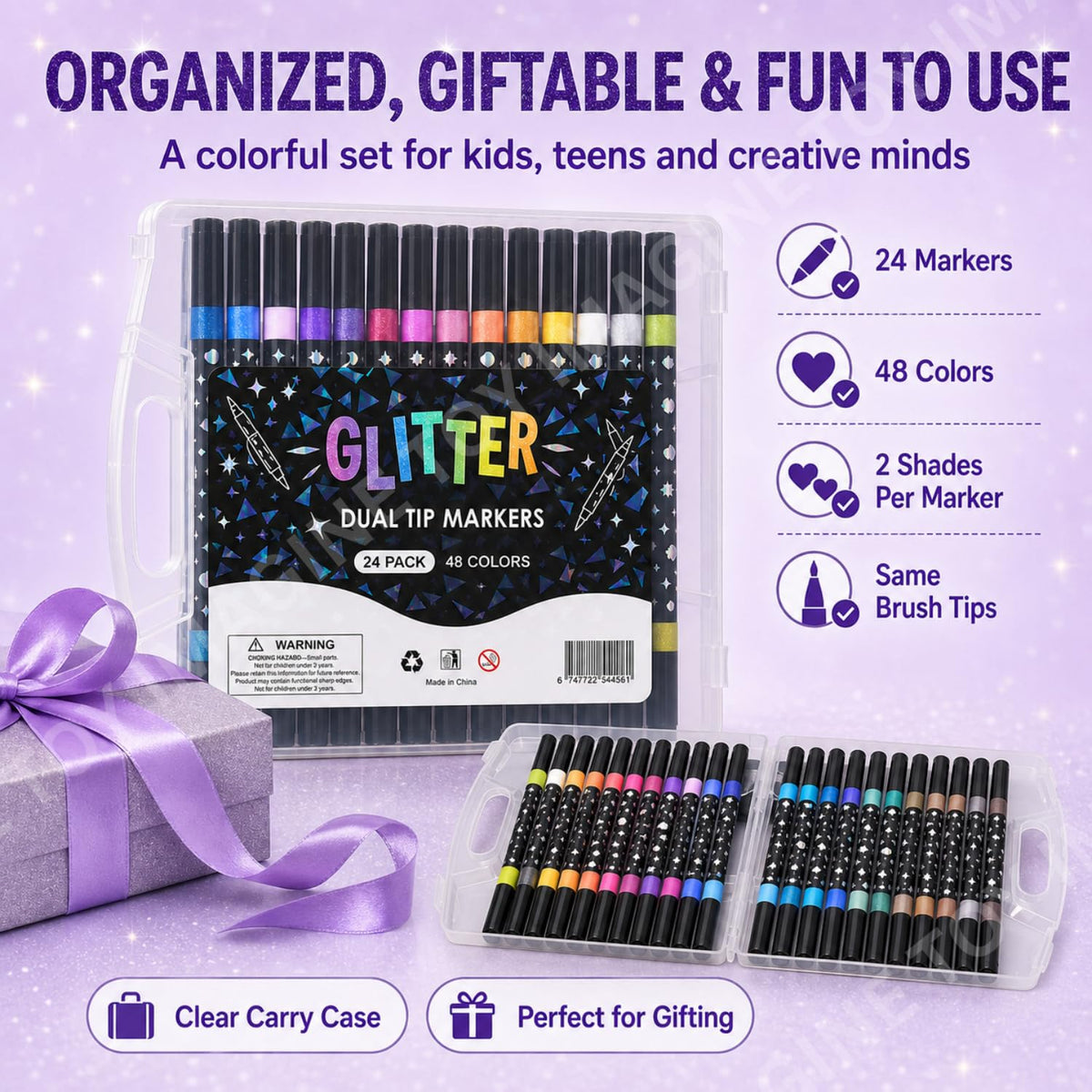 Toy Imagine 48-Colour Glitter Marker Pens, Dual-Tip Brush & Fine Tip