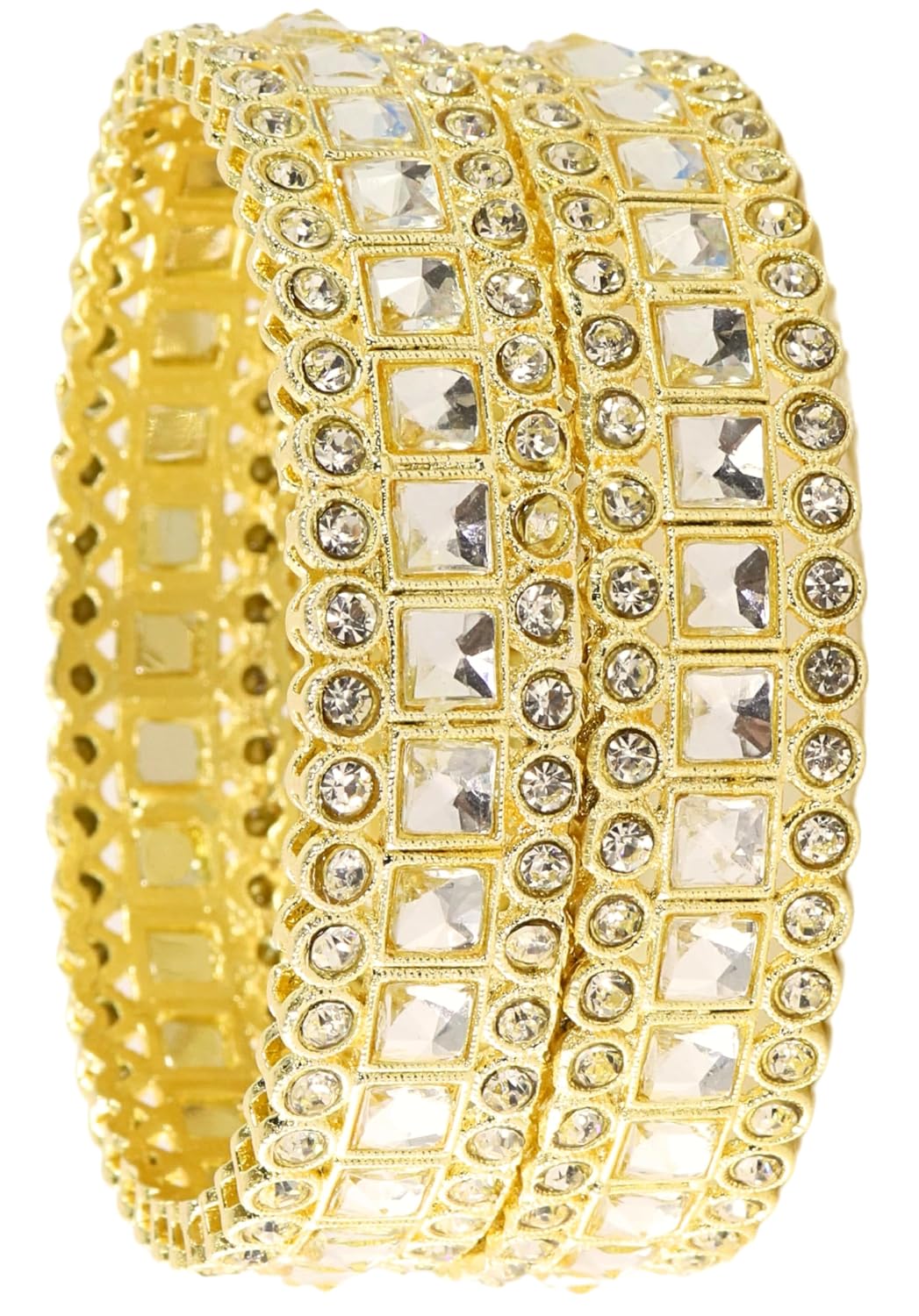 NMII Golden Metal Bangles Set with Sparkling Zircon Diamond & Kundan Mirror For Women & Girls | Traditional Girl's Bangles | Fancy Women's Kangan | Metal Kada For Women Wedding, Function- Set of 2