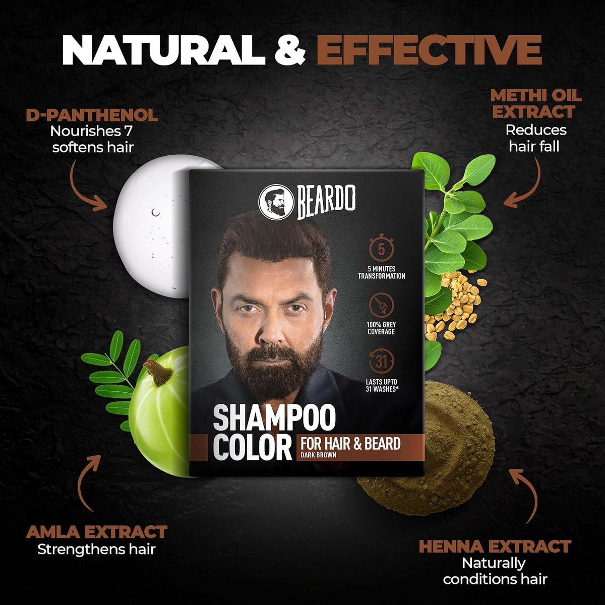 BEARDO Beard & Hair Shampoo Color | Natural Brown | 100% Grey Coverage | 5 Minute Hair Colour | Ammonia Free | With Natural Actives | No Stain Beard Colour | 20ml X 5
