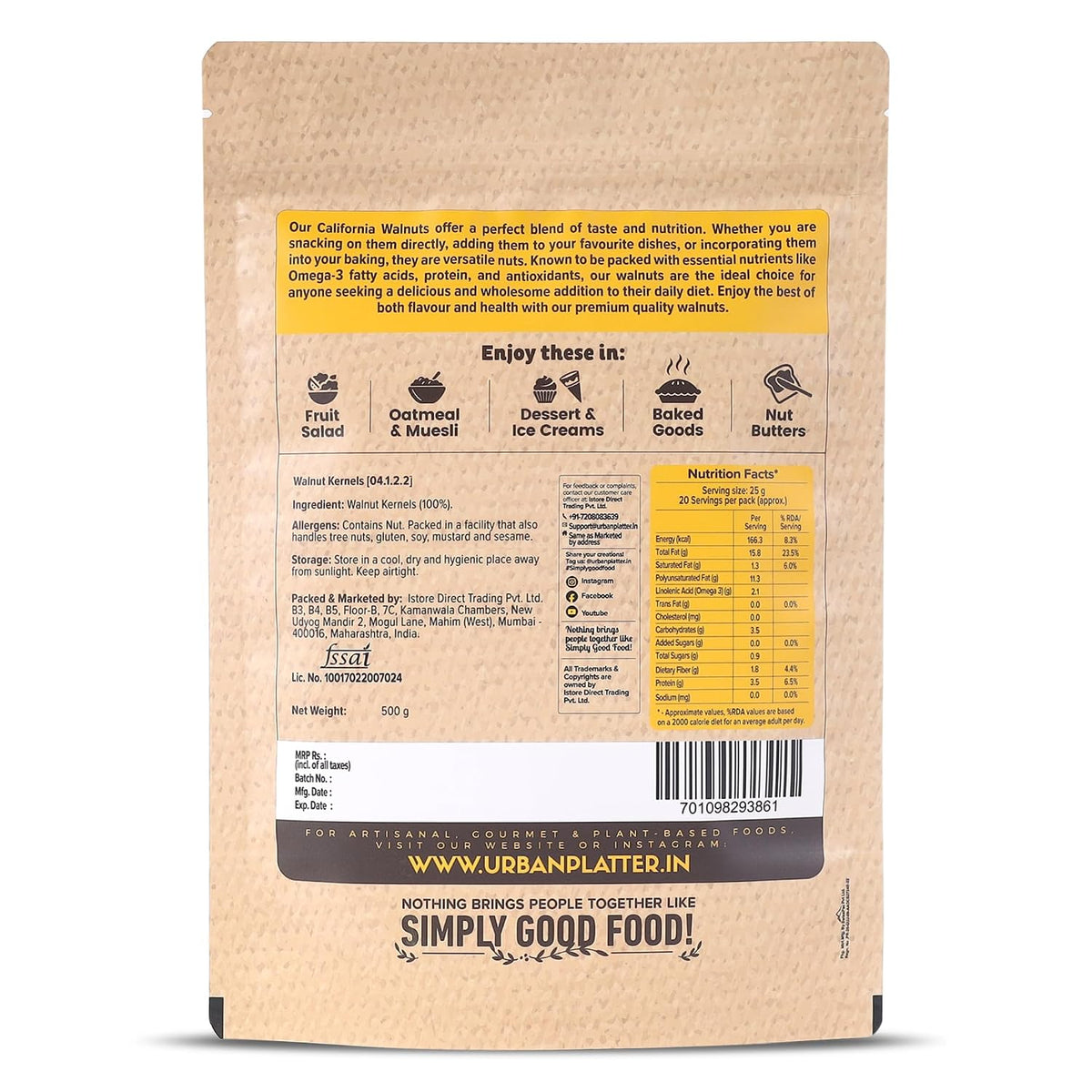 Urban Platter California Walnut Kernels, 500g (Shelled Halves | Rich in Omega-3 & Antioxidants | Heart-Healthy Snack)