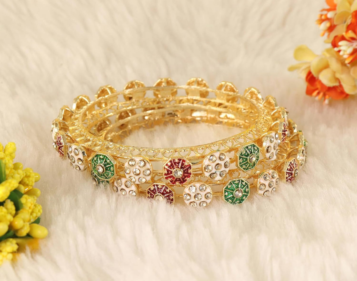 NMII Designer Alloy Metal Kada For Women & Girls | Gold Plated Floral Meenakari Kangan | Traditional Ethnic Jewellery | Wedding Party Stylish Fancy Kada Gift - Set Of 2