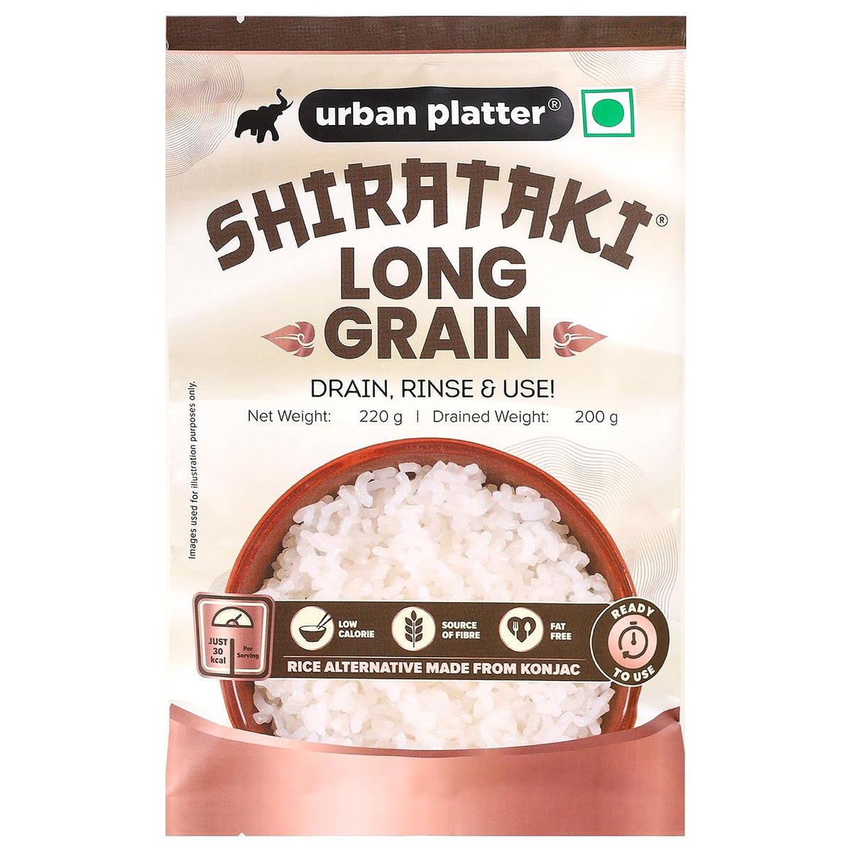 Urban Platter Shirataki Long-Grain Rice, 220g (Keto-Friendly, Low-Carb, Low-Calories, Fat-Free, Gluten-Free, Konjac Miracle Rice)
