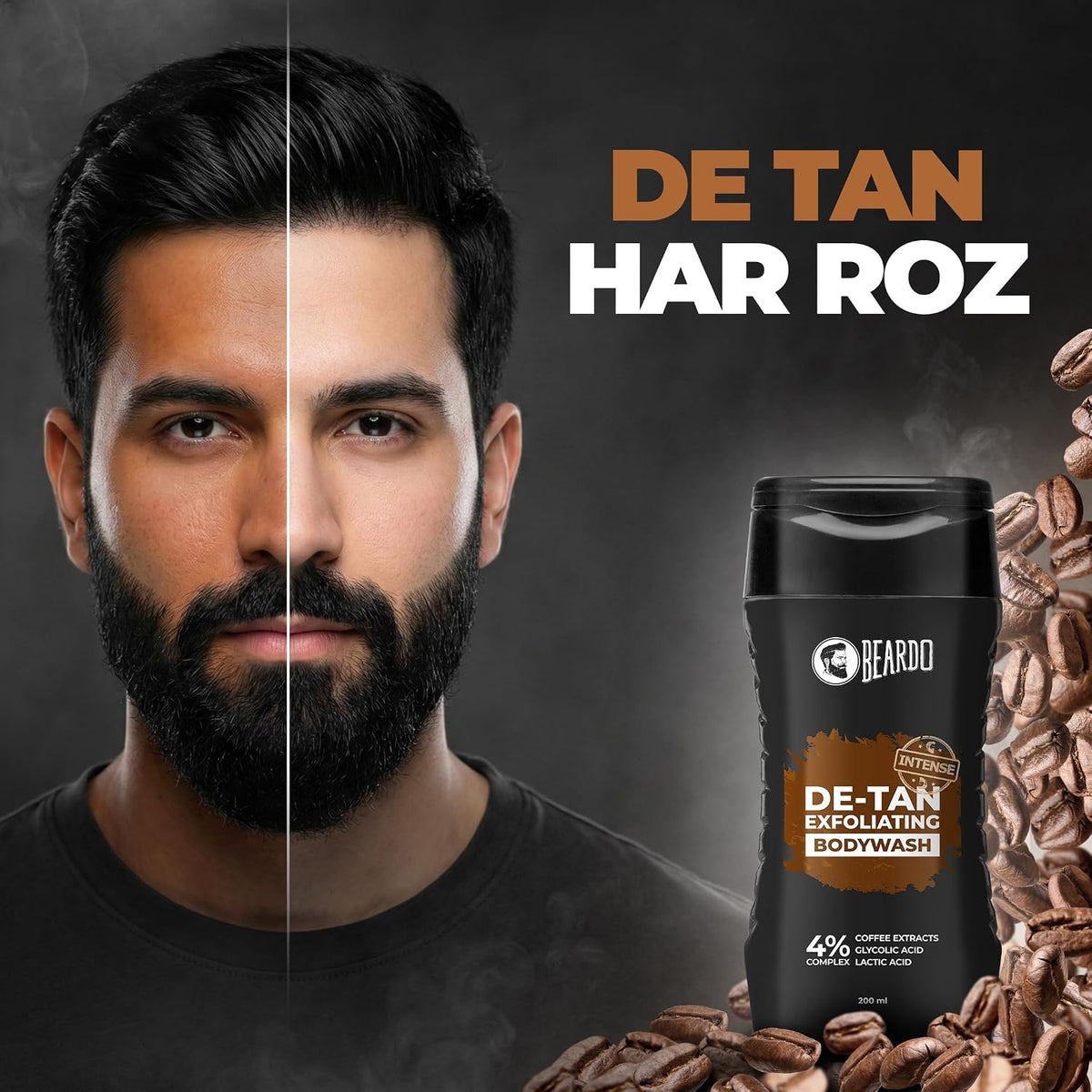 Beardo Detan Exfoliating Body Wash 200ml | 4% (Glycolic Acid, Lactic Acid & Coffee Extracts) | Gentle Exfoliating Shower Gel | Removes Tan & Body Acne | Prevents Dry, Rough, Bumpy Skin | Suitable for Men