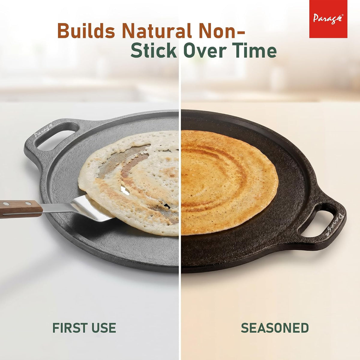 Parage IronCraft Cast Iron Dosa Tawa 30 cm, 4.2 mm Thick Heavy Iron Tawa 3 Kg, Pre-Seasoned Naturally Non Stick, Roti, Chapati, Uttapam Pan, Gas & Induction Compatible, Chemical Free