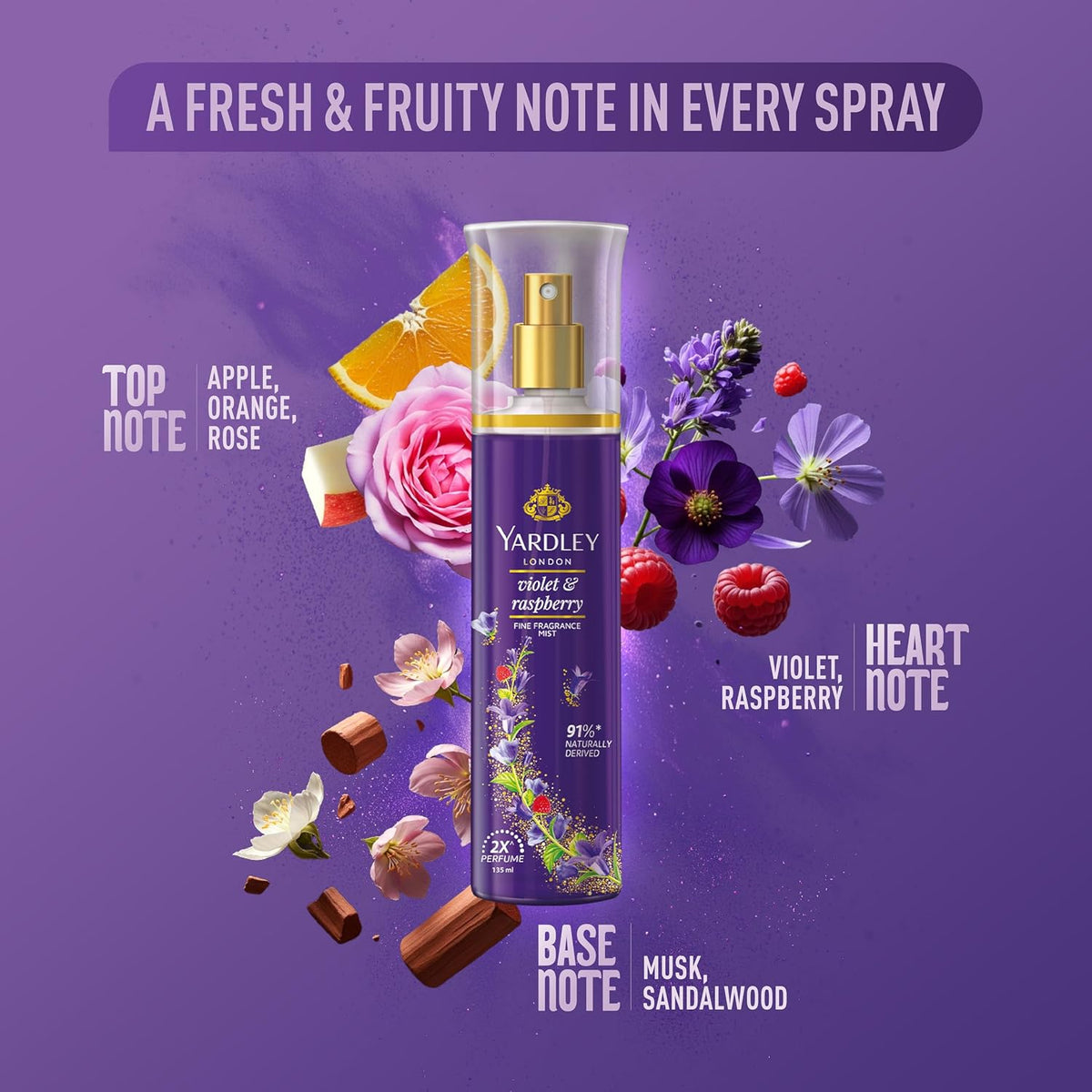 Yardley London Violet & Raspberry Fine Fragrance Mist Spray| 2X Fresh Perfume Spray For Women| 91% Naturally Derived| 135Ml