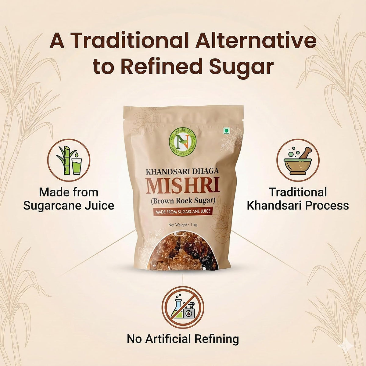 NatureVit Khandsari Dhaga Mishri 1 Kg | Pure Threaded Rock Sugar | Traditional Brown Mishri Candy for Pooja & Wellness