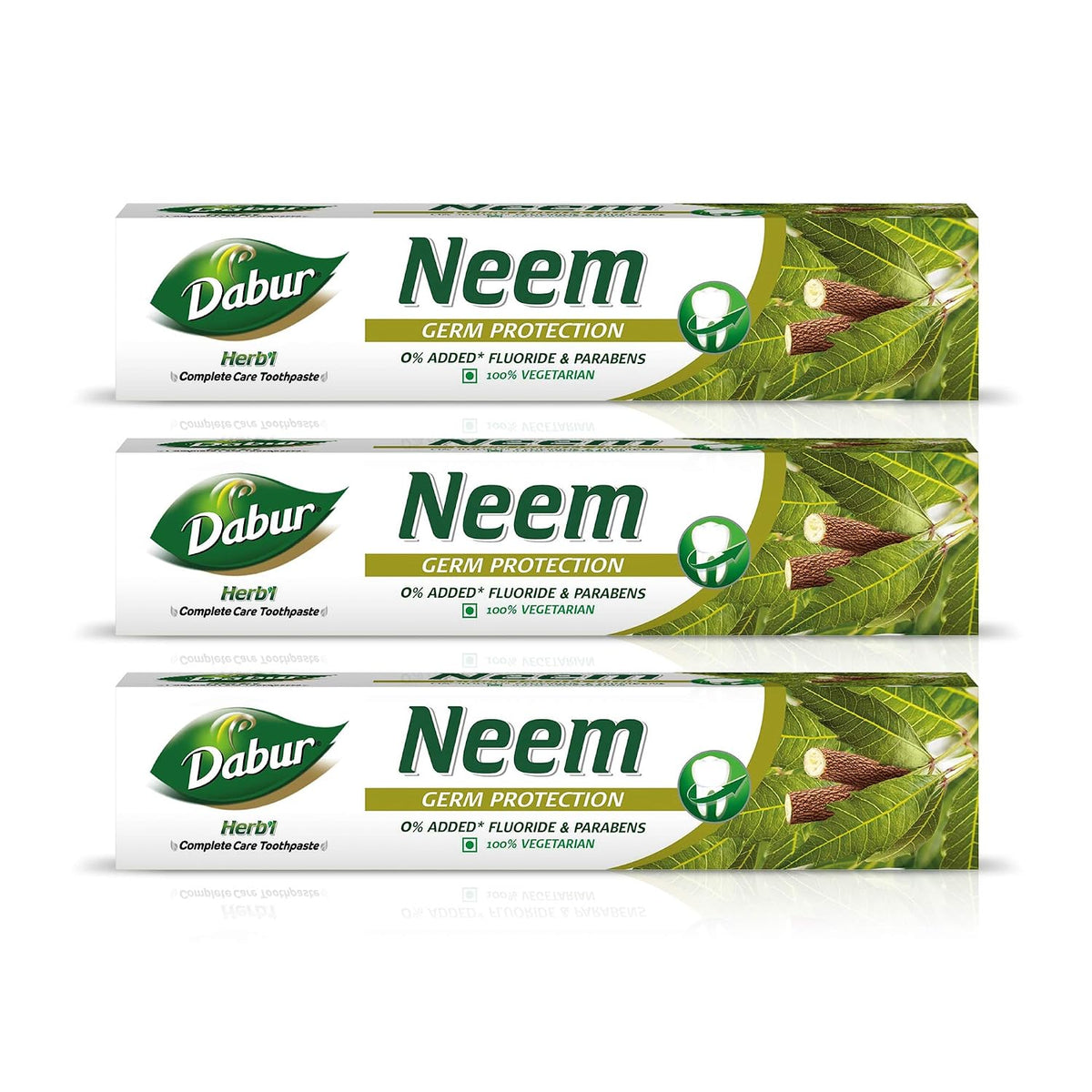 Dabur Herb'l Neem Germ Protection Toothpaste - 600g (200g x 3) | No Added Flourides & Parabens | Neem Fights Bacteria | Potent for Germ Protection | Enriched With Powerful Natural Ingredients