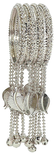 NMII Non-Precious Metal With Base Metal and Linked with Bracelet Bells Worked Glossy Finished Latkan Kaleere Type Kada Set For Women and Girls